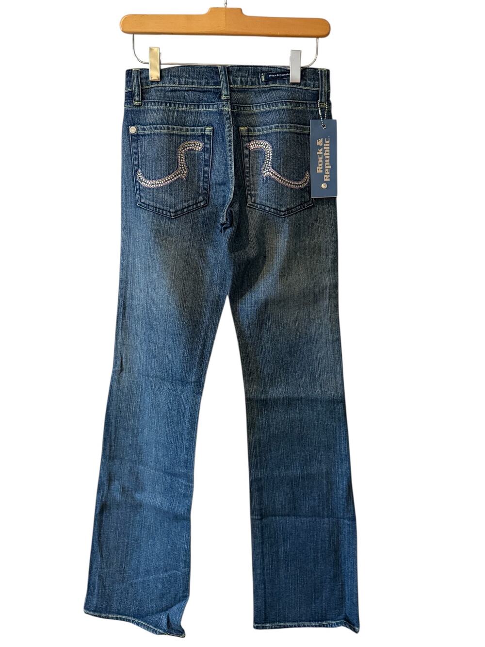 Rock & Republic Flared Denim Jeans Crystal Rhinestone Pockets 26